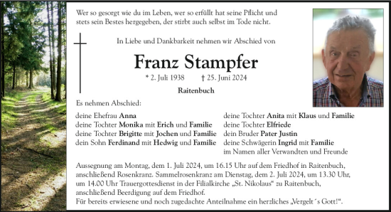 Traueranzeige von Franz Stampfer von Neumarkter Tagblatt