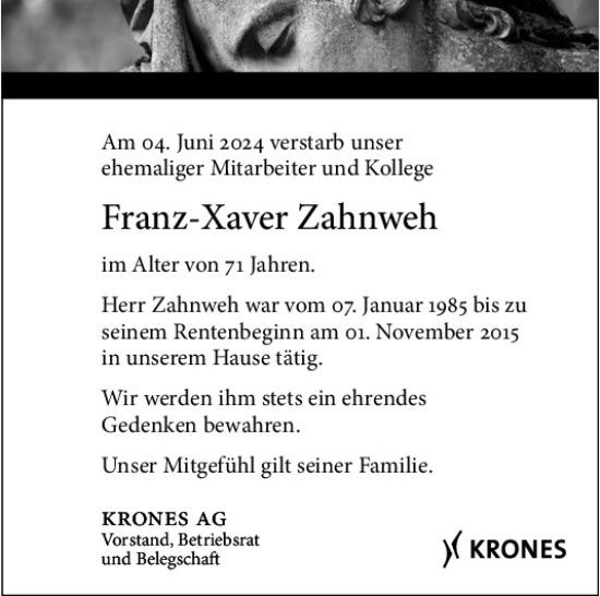 Traueranzeige von Franz-Xaver Zahnweh von Mittelbayerische Zeitung Regensburg