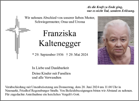 Traueranzeige von Franziska Kaltenegger von Neumarkter Tagblatt