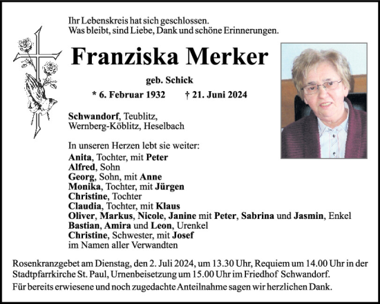 Traueranzeige von Franziska Merker von Mittelbayerische Zeitung Schwandorf