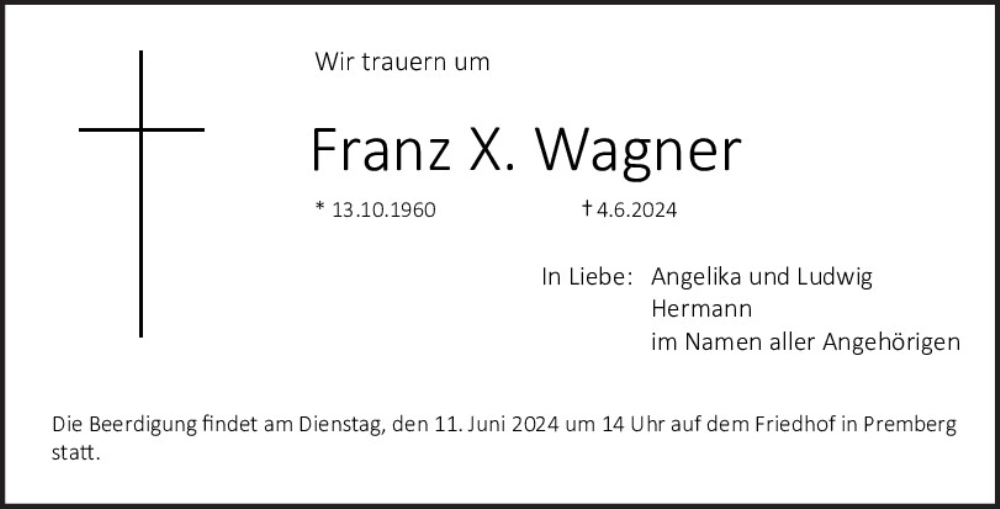  Traueranzeige für Franz X. Wagner vom 08.06.2024 aus Mittelbayerische Zeitung Schwandorf