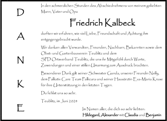 Traueranzeige von Friedrich Kalbeck von Mittelbayerische Zeitung Schwandorf
