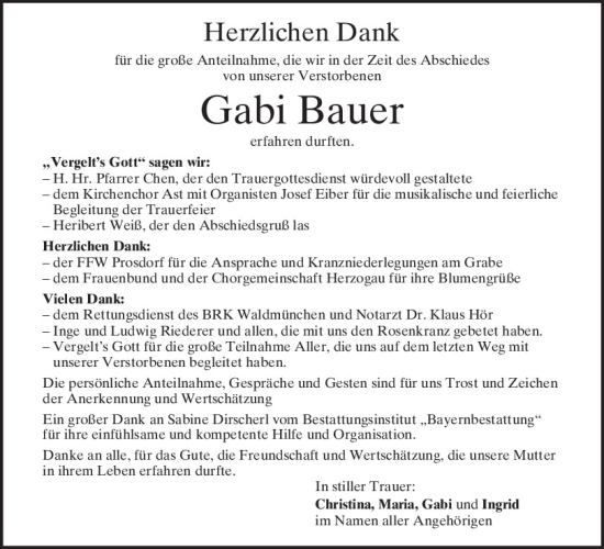 Traueranzeige von Gabi Bauer von Bayerwald Echo