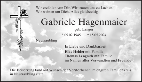 Traueranzeige von Gabriele Hagenmaier von Mittelbayerische Zeitung Regensburg