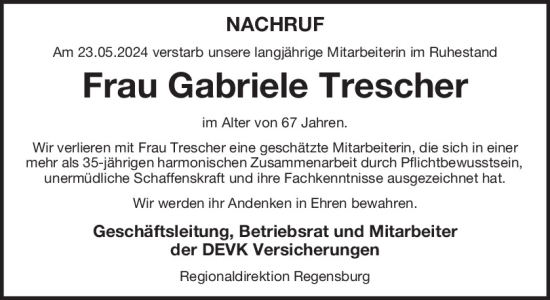 Traueranzeige von Gabriele Trescher von Mittelbayerische Zeitung Regensburg