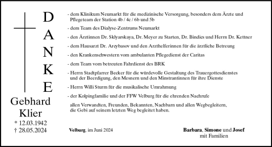 Traueranzeige von Gebhard Klier von Neumarkter Tagblatt