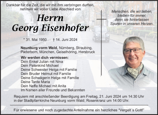 Traueranzeige von Georg Eisenhofer von Mittelbayerische Zeitung Schwandorf