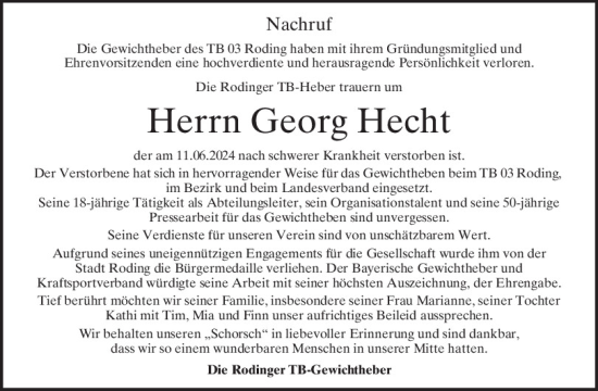 Traueranzeige von Georg Hecht von Bayerwald Echo