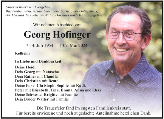 Traueranzeige von Georg Hofinger von Mittelbayerische Zeitung Kelheim