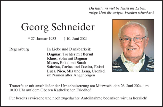 Traueranzeige von Georg Schneider von Mittelbayerische Zeitung Regensburg