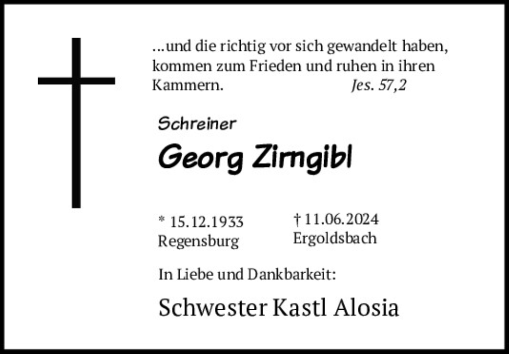  Traueranzeige für Georg Zirngibl vom 18.06.2024 aus Mittelbayerische Zeitung Regensburg