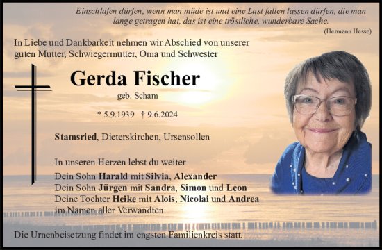 Traueranzeige von Gerda Fischer von Bayerwald Echo