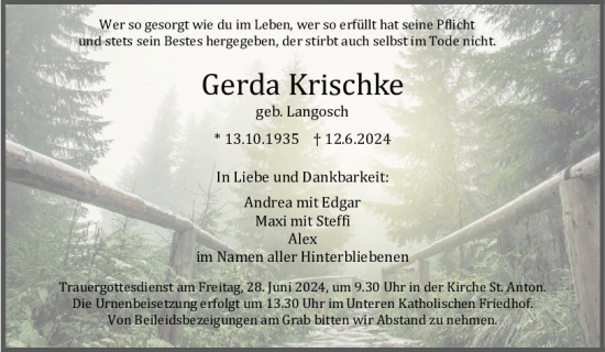 Traueranzeige von Gerda Krischke von Mittelbayerische Zeitung Regensburg