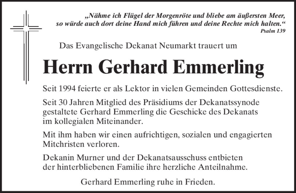  Traueranzeige für Gerhard Emmerling vom 15.06.2024 aus Neumarkter Tagblatt