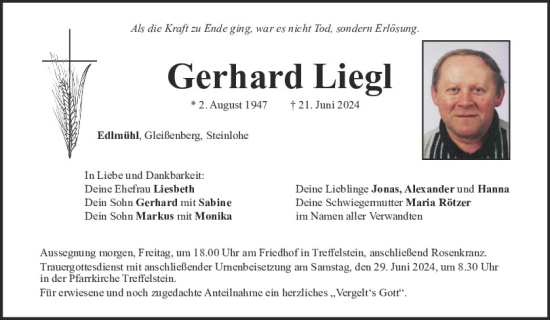 Traueranzeige von Gerhard Liegl von Bayerwald Echo