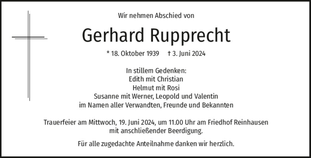  Traueranzeige für Gerhard Rupprecht vom 08.06.2024 aus Mittelbayerische Zeitung Regensburg