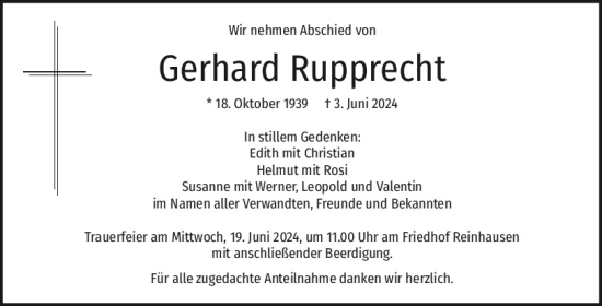 Traueranzeige von Gerhard Rupprecht von Mittelbayerische Zeitung Regensburg