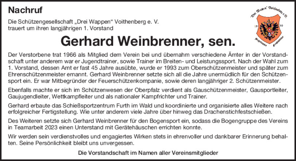  Traueranzeige für Gerhard Weinbrenner vom 08.06.2024 aus Bayerwald Echo