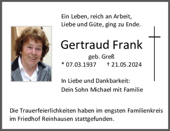Traueranzeige von Gertraud Frank von Mittelbayerische Zeitung Regensburg