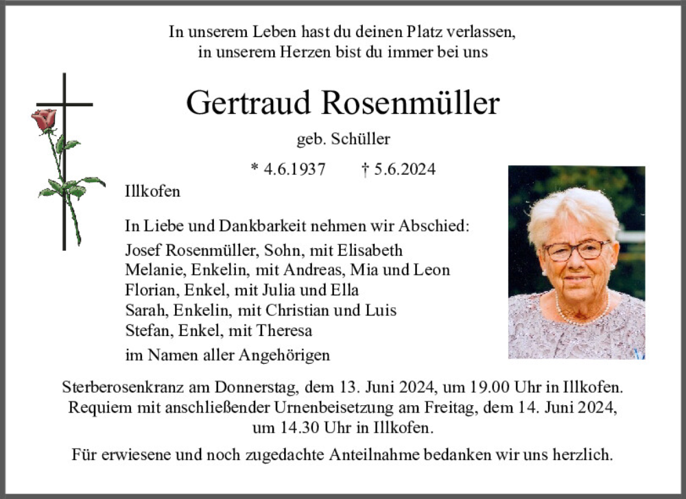  Traueranzeige für Gertraud Rosenmüller vom 08.06.2024 aus Mittelbayerische Zeitung Regensburg