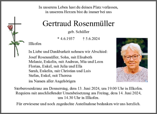 Traueranzeige von Gertraud Rosenmüller von Mittelbayerische Zeitung Regensburg