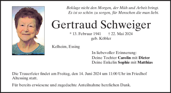 Traueranzeige von Gertraud Schweiger von Mittelbayerische Zeitung Kelheim