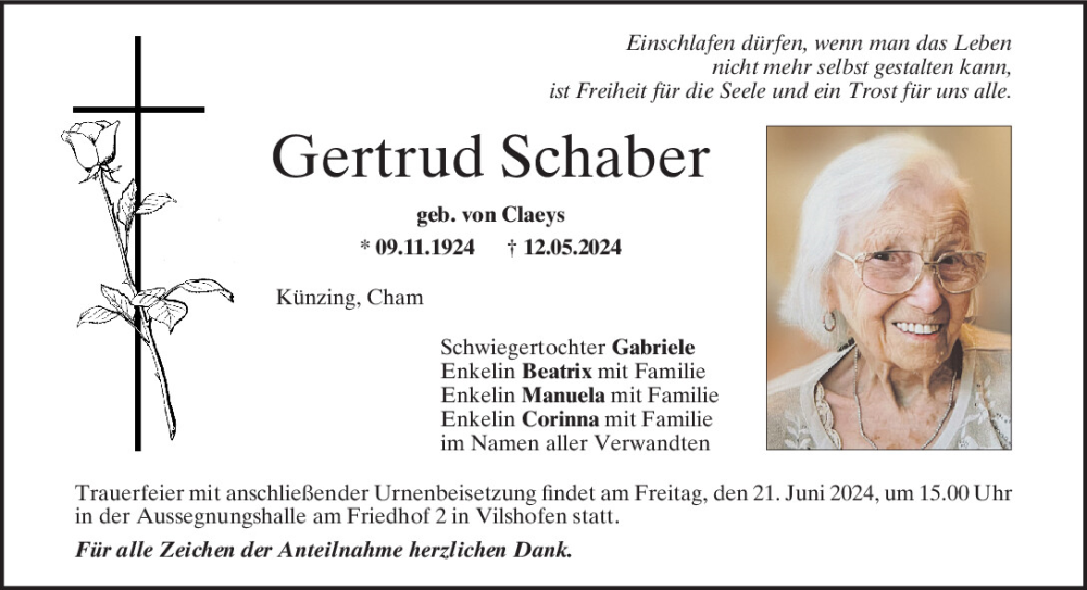  Traueranzeige für Gertrud Schaber vom 19.06.2024 aus Bayerwald Echo