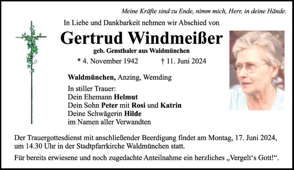  Traueranzeige für Gertrud Windmeißer vom 14.06.2024 aus Bayerwald Echo
