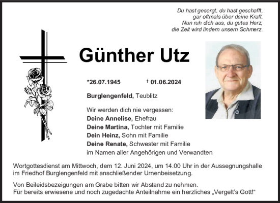 Traueranzeige von Günther Utz von Mittelbayerische Zeitung Schwandorf