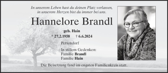 Traueranzeige von Hannelore Brandl von Mittelbayerische Zeitung Regensburg