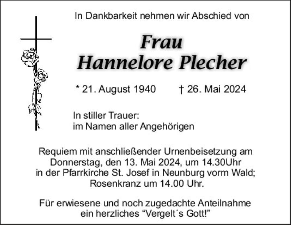  Traueranzeige für Hannelore Plecher vom 10.06.2024 aus Mittelbayerische Zeitung Schwandorf