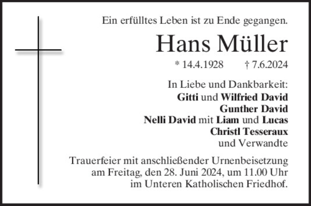  Traueranzeige für Hans Müller vom 22.06.2024 aus Mittelbayerische Zeitung Regensburg