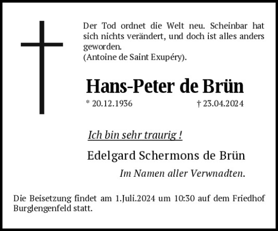 Traueranzeige von Hans-Peter de Brün von Mittelbayerische Zeitung Schwandorf