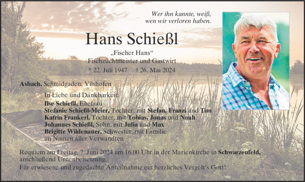  Traueranzeige für Hans Schießl vom 05.06.2024 aus Mittelbayerische Zeitung Schwandorf