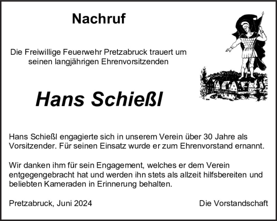 Traueranzeige von Hans Schießl von Mittelbayerische Zeitung Schwandorf