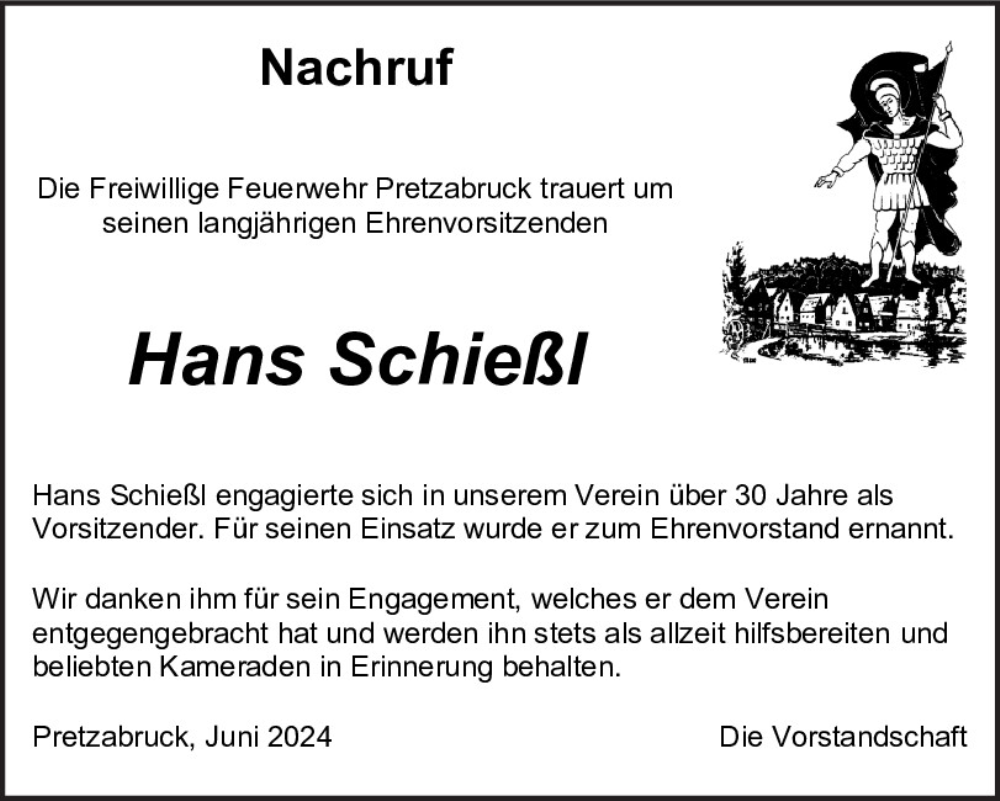  Traueranzeige für Hans Schießl vom 08.06.2024 aus Mittelbayerische Zeitung Schwandorf