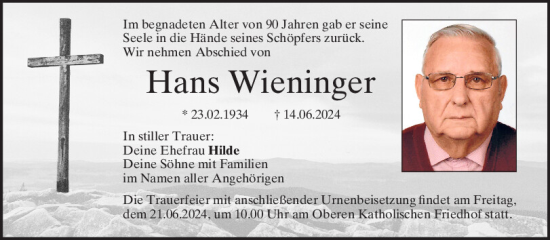 Traueranzeige von Hans Wieninger von Mittelbayerische Zeitung Regensburg