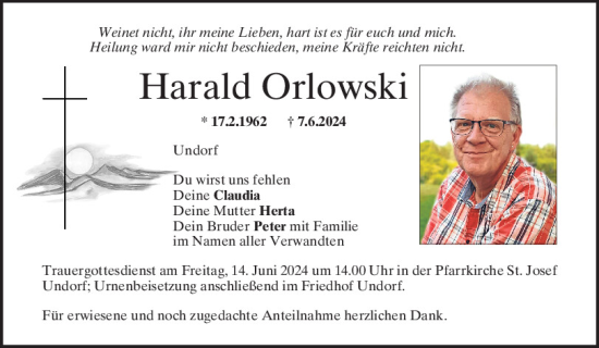 Traueranzeige von Harald Orlowski von Mittelbayerische Zeitung Regensburg