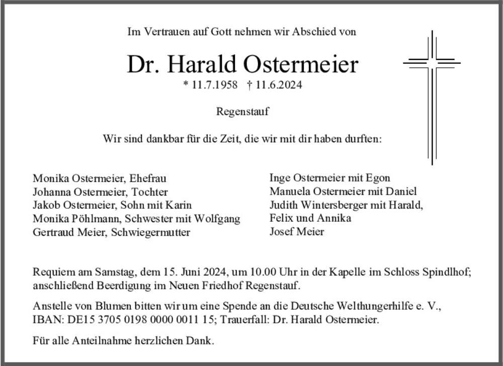  Traueranzeige für Harald Ostermeier vom 13.06.2024 aus Mittelbayerische Zeitung Regensburg