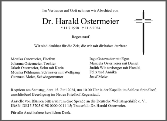 Traueranzeige von Harald Ostermeier von Mittelbayerische Zeitung Regensburg
