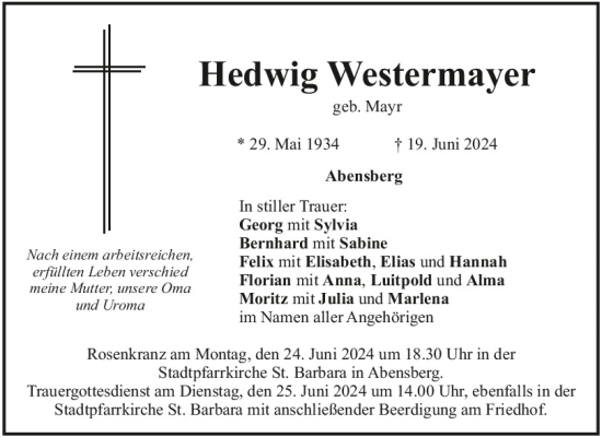 Traueranzeige von Hedwig Westermayer von Mittelbayerische Zeitung Kelheim