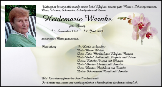 Traueranzeige von Heidemarie Warnke von Mittelbayerische Zeitung Schwandorf
