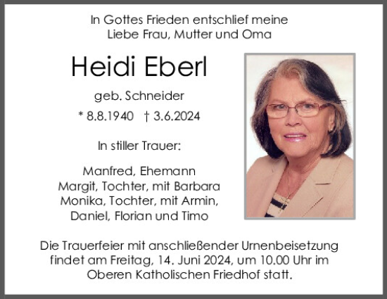 Traueranzeige von Heidi Eberl von Mittelbayerische Zeitung Regensburg