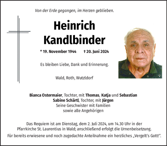 Traueranzeige von Heinrich Kandlbinder von Mittelbayerische Zeitung Regensburg