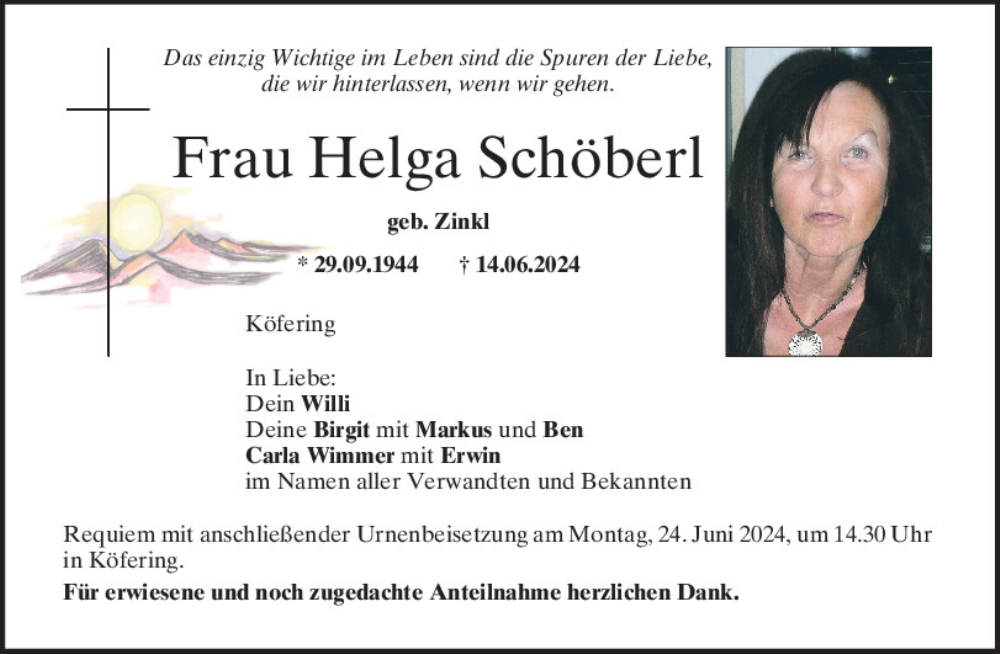  Traueranzeige für Helga Schöberl vom 22.06.2024 aus Mittelbayerische Zeitung Regensburg