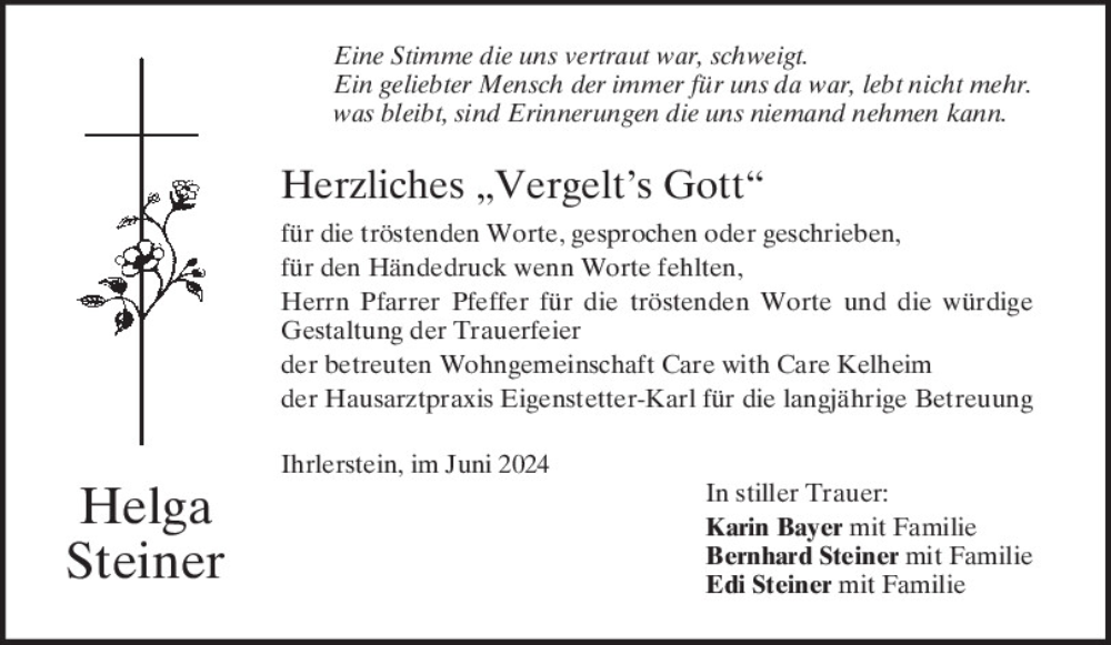  Traueranzeige für Helga Steiner vom 22.06.2024 aus Mittelbayerische Zeitung Kelheim