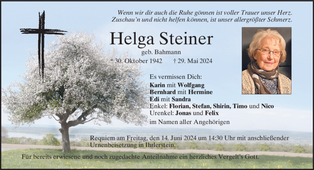  Traueranzeige für Helga Steiner vom 08.06.2024 aus Mittelbayerische Zeitung Kelheim