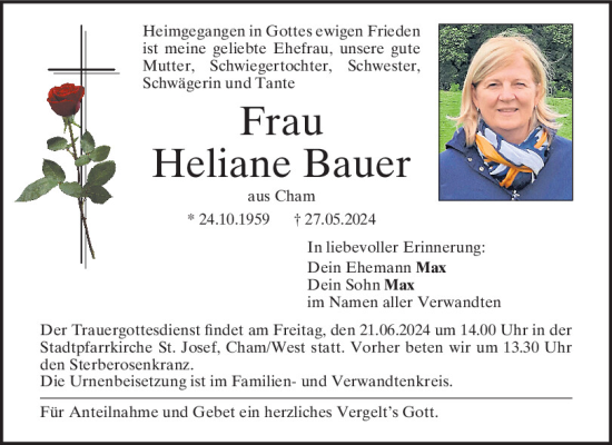 Traueranzeige von Heliane Bauer von Bayerwald Echo