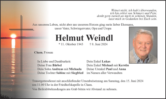 Traueranzeige von Helmut Weindl von Bayerwald Echo