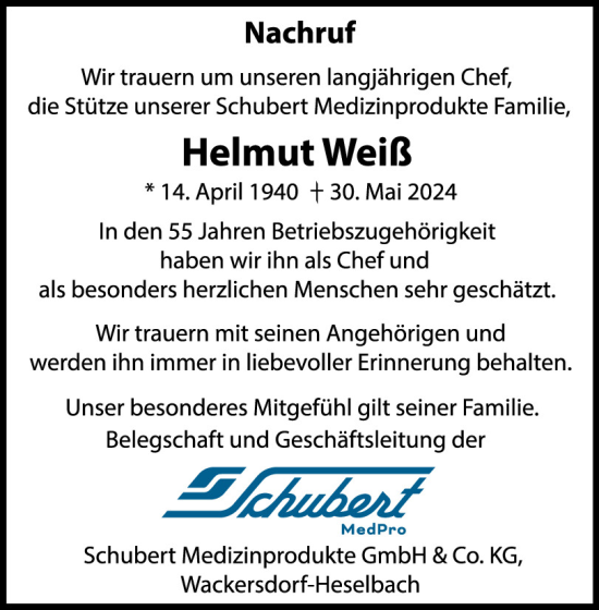 Traueranzeige von Helmut Weiß von Mittelbayerische Zeitung Schwandorf